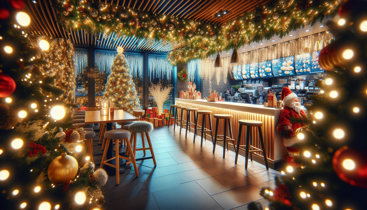 alt_text: Festive McDonald's restaurant adorned with Christmas lights and decorations for the holiday season.
