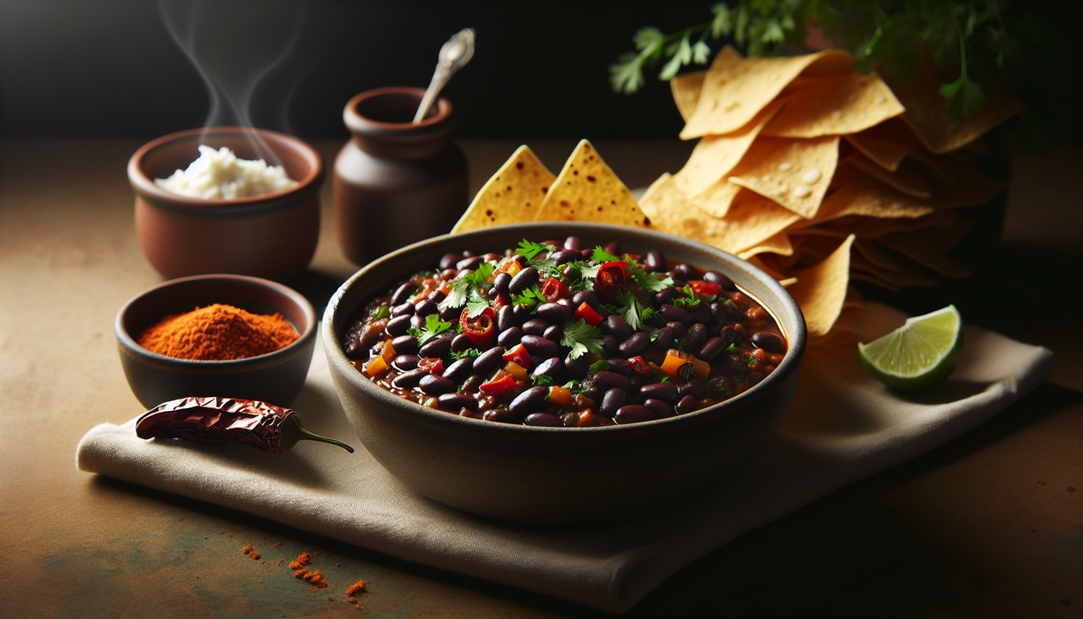 alt_text: Bold Black Bean Picadillo garnished with fresh herbs and served with crispy tortilla chips.