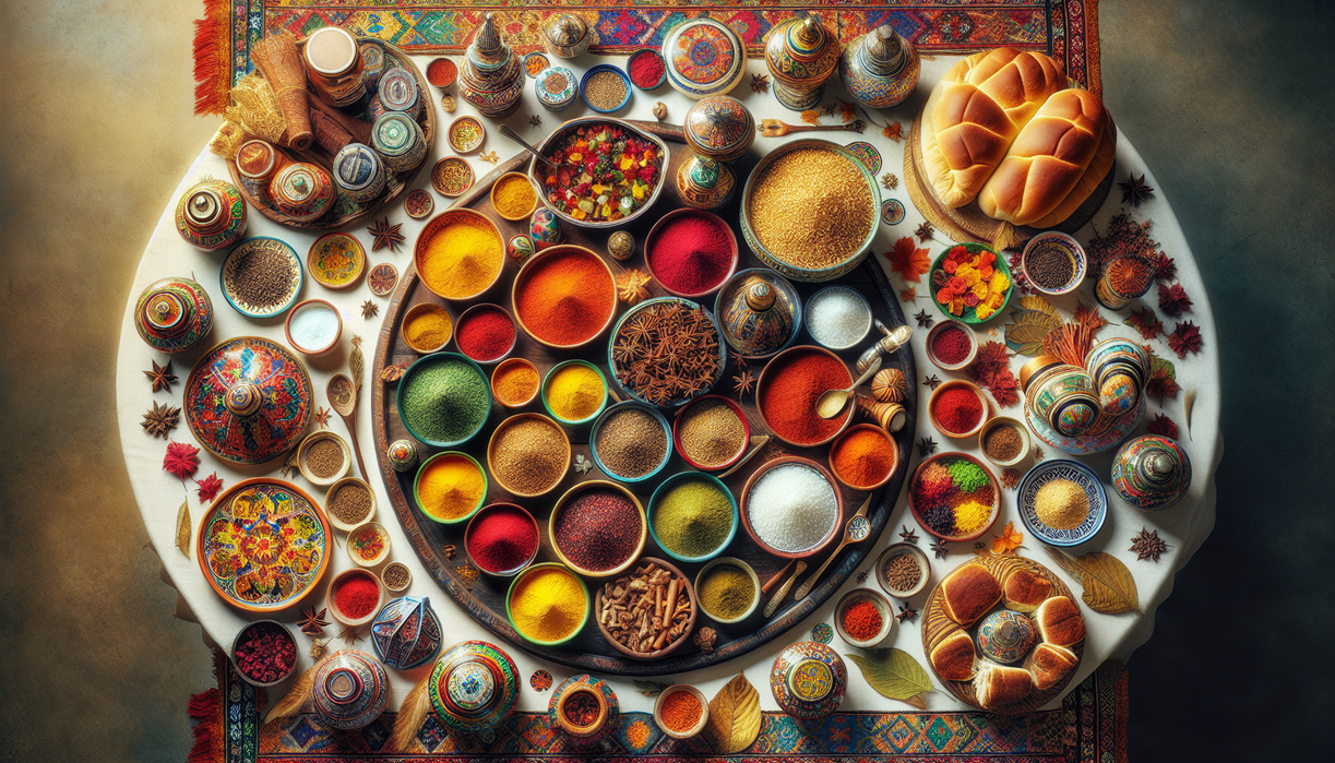 alt_text: A table with vibrant Bukharian spices, traditional dishes, and cultural items showcasing heritage.