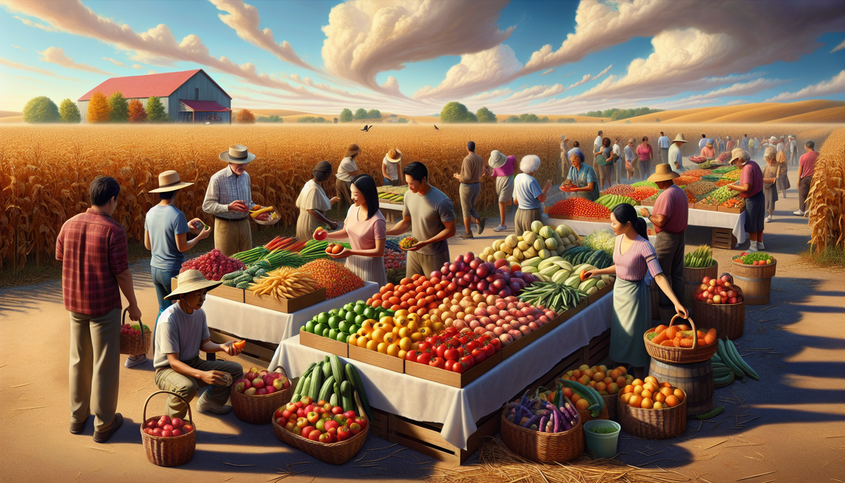 alt_text: "Harvested crops and farmers' market showcasing fresh produce in Illinois' Heartland."