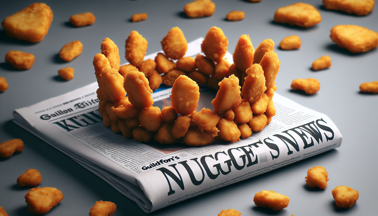 alt_text: A crown made of crispy nuggets sits atop a newspaper headline about Guildford's nugget news.