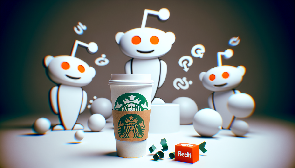 "alt_text": "Starbucks cup amidst Reddit logos representing emerging culture discussion."