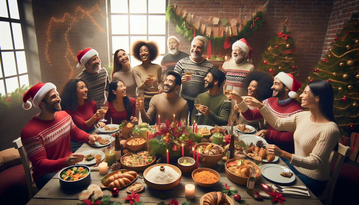 alt_text: A festive holiday table set with diverse dishes, surrounded by cheerful people of all backgrounds.