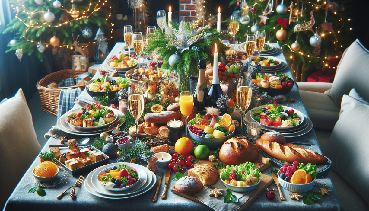 alt_text: "Festive New Year brunch with assorted dishes, champagne, and holiday decorations."