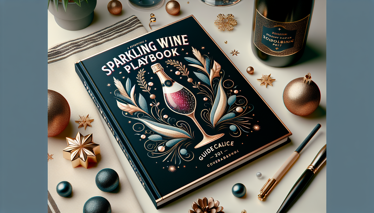 alt_text: A guidebook cover titled "Sparkling Wine Playbook" with elegant fonts and festive graphics.