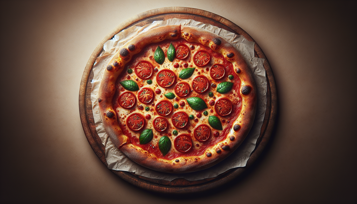 alt_text: A classic New York-style pizza with a thin, crispy crust and rich tomato sauce.