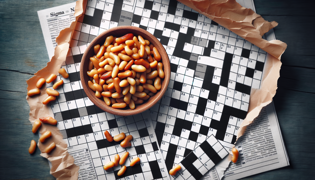 alt_text: Pine nuts and crossword puzzle clues intertwine to unravel a savory mystery.