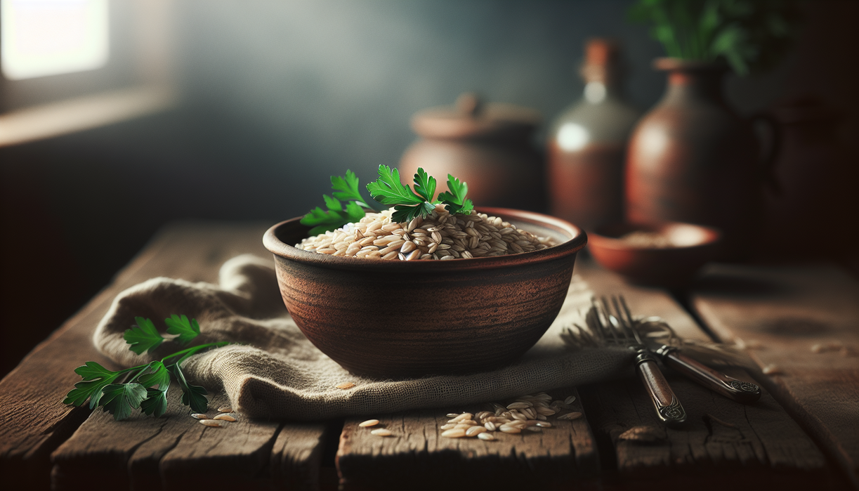 alt_text: A cozy scene featuring a bowl of hearty barley with fresh herbs on a rustic wooden table.