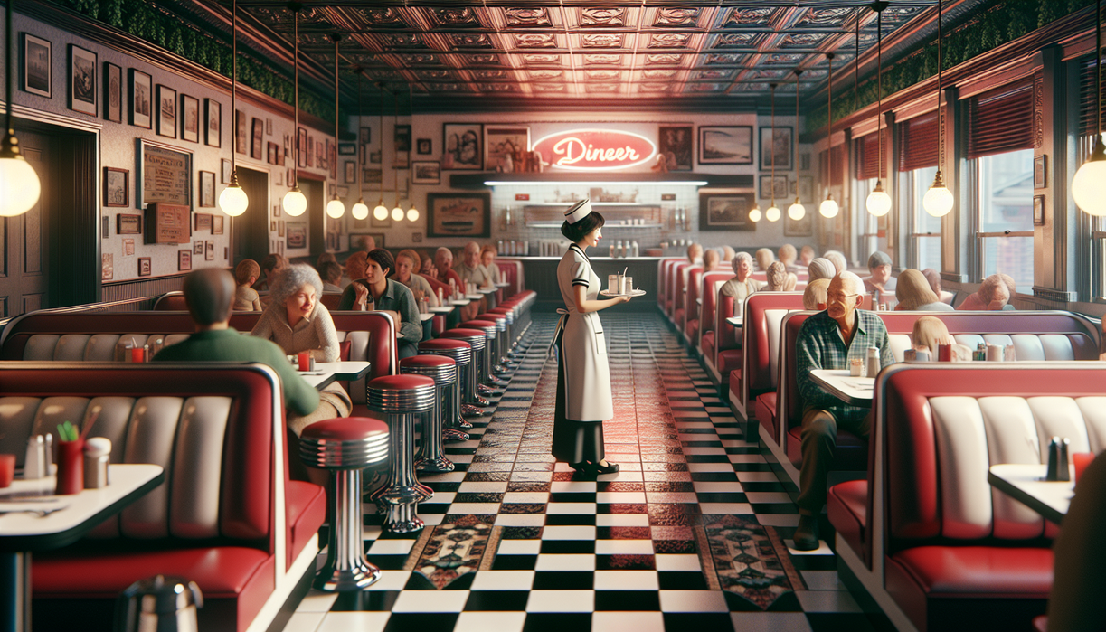 alt_text: Vintage diner with neon signs, chrome accents, and classic red booths.