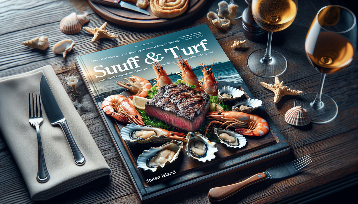 alt_text: "Staten Island dining guide cover featuring surf and turf dish with seafood and steak."