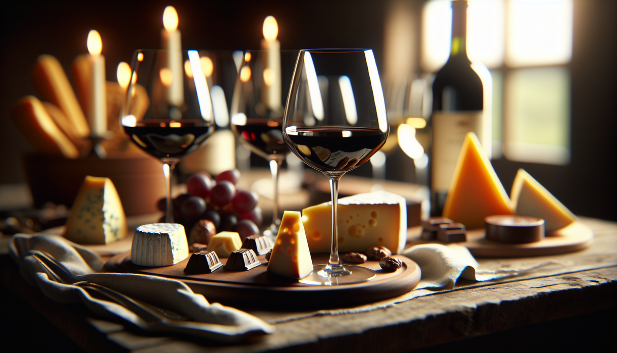 "alt_text": "Wine glasses, cheese platter, and chocolate pieces on a wooden table for a cozy tasting."
