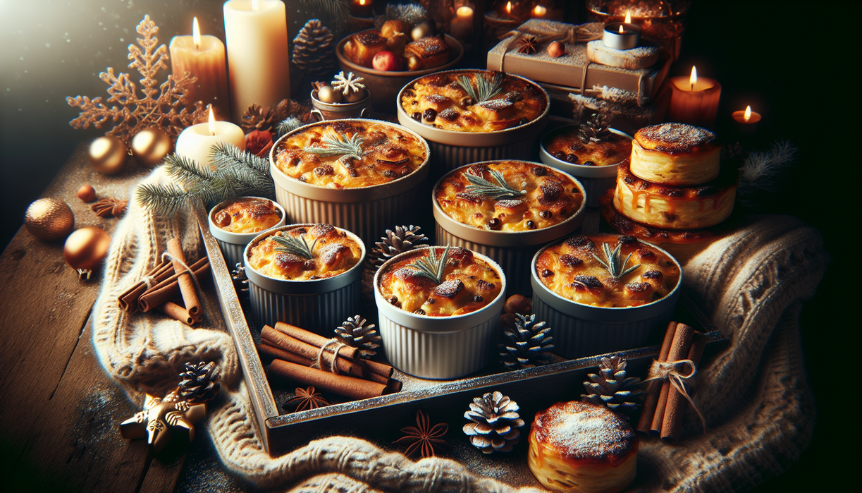 alt_text: "A collection of warm casseroles surrounded by winter-themed decorations and cozy settings."