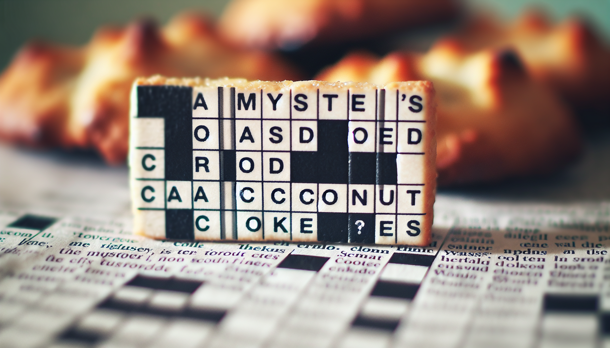 alt_text: Crossword puzzle featuring the clue "Toasted Coconut Cookies" to solve the mystery tag.