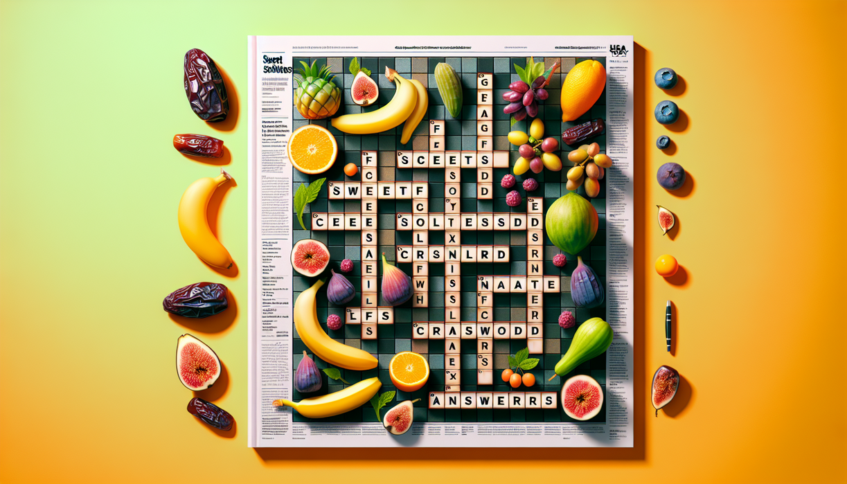 alt_text: Crossword with fruits and sugar-themed clues on a colorful background.