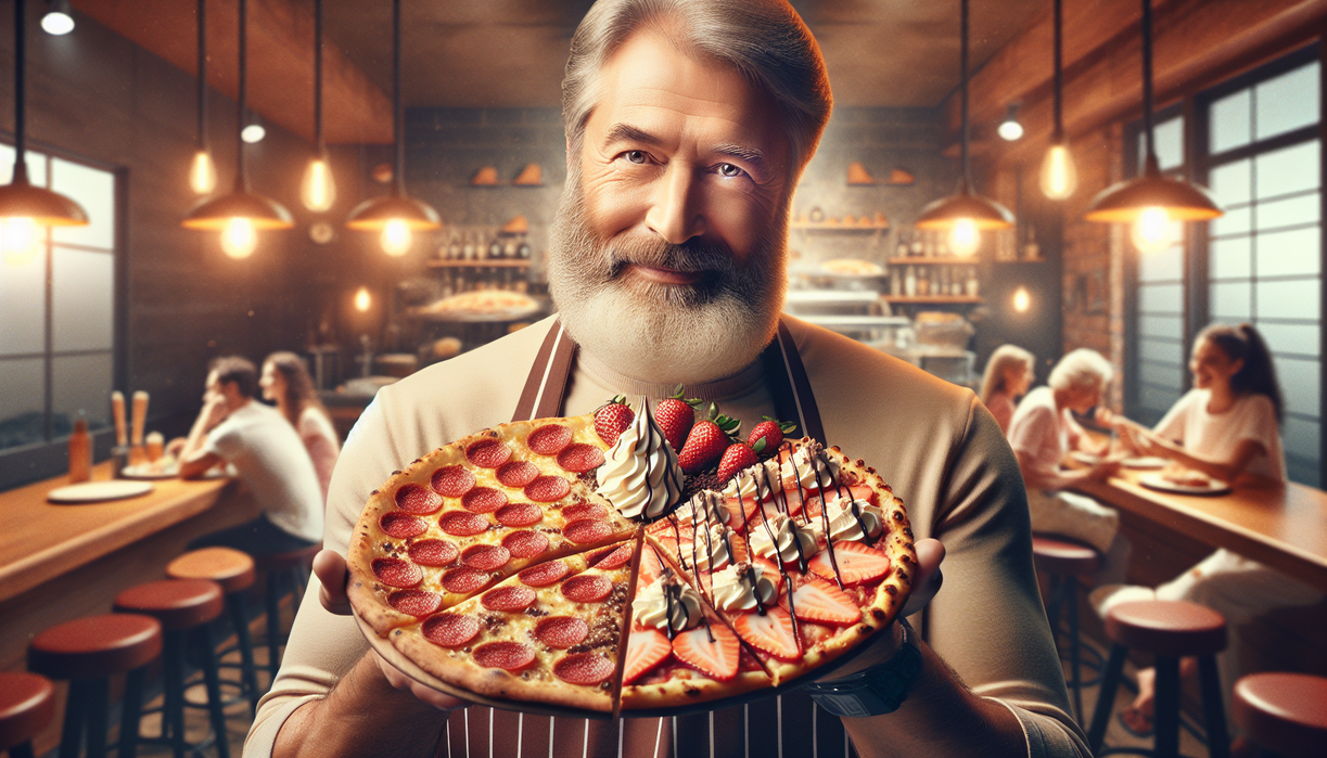 alt_text: A pizza topped with chocolate, strawberries, and mint, resembling a dessert dish.