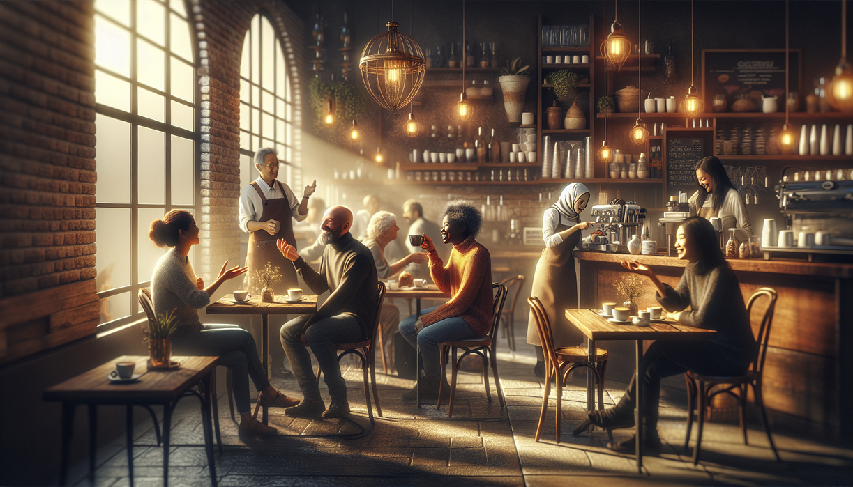 alt_text: Cozy café with people enjoying meals, warm lighting, and a "Slow Food, Warm Hearts" sign.