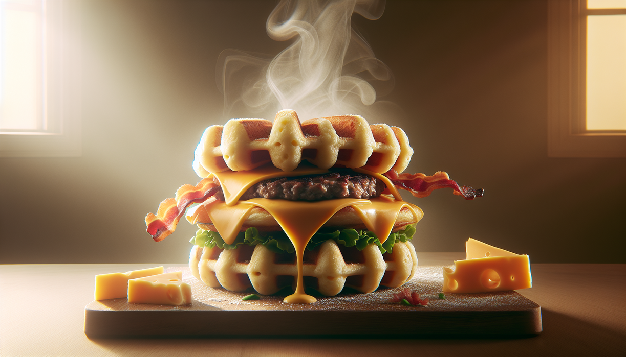 alt_text: A golden waffle topped with creamy mac & cheese, garnished with chives and bacon bits.