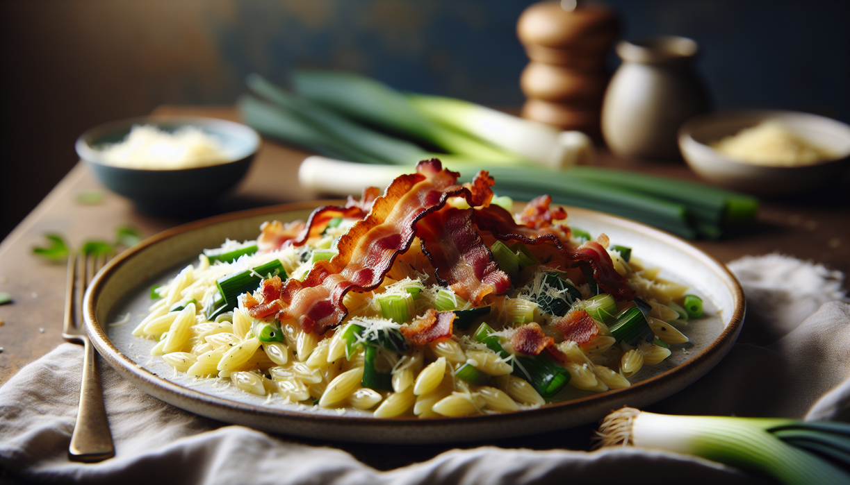 alt_text: A savory dish of creamy orzo with pieces of crispy bacon garnished with herbs.