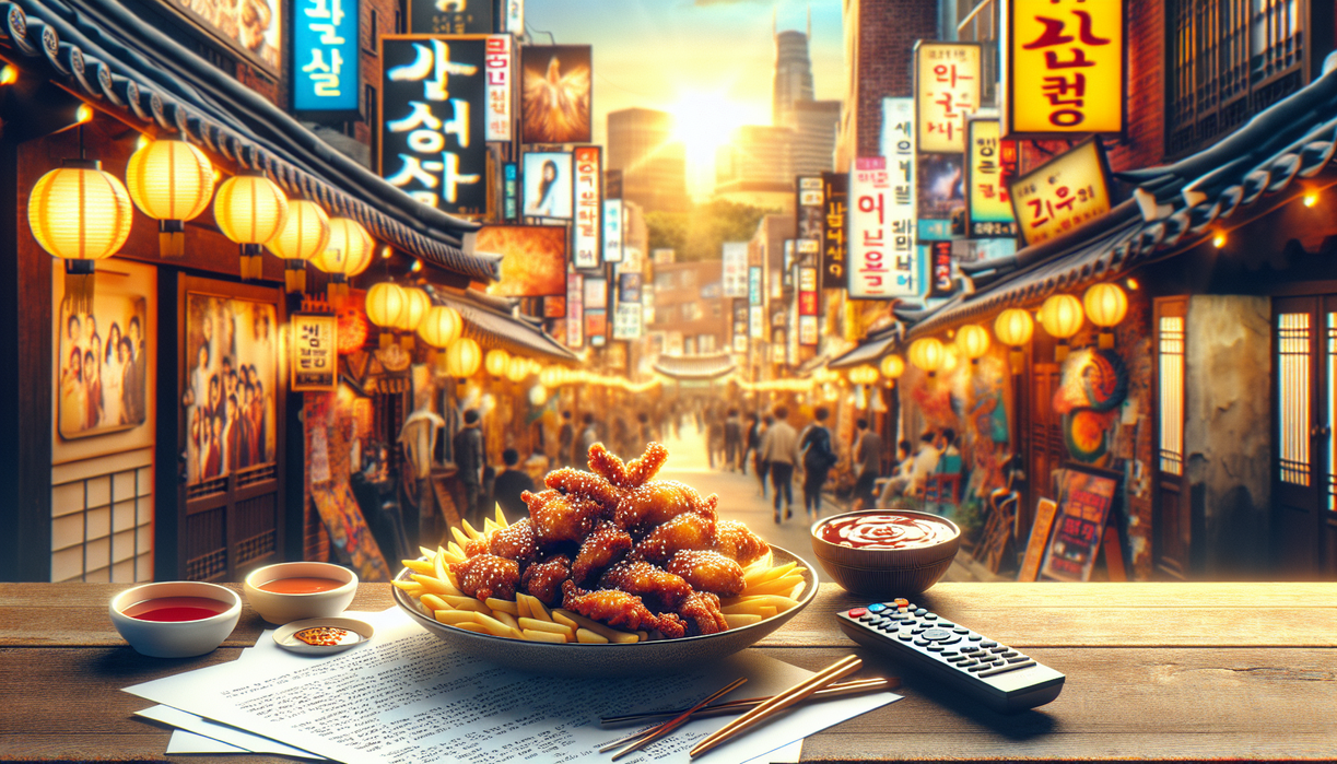 alt_text: "Korean fried chicken with vibrant spices and a side of dipping sauce on a wooden platter."
