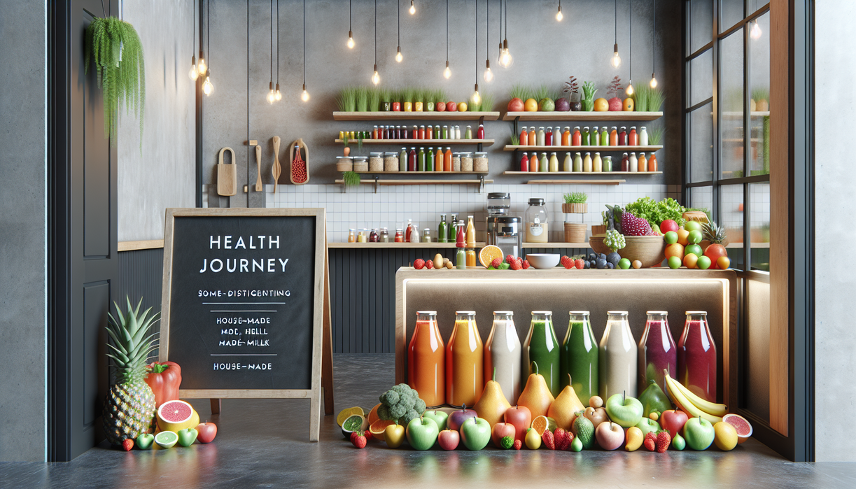 alt_text: "A vibrant juice bar featuring fresh fruit displays and a menu focused on health and wellness."