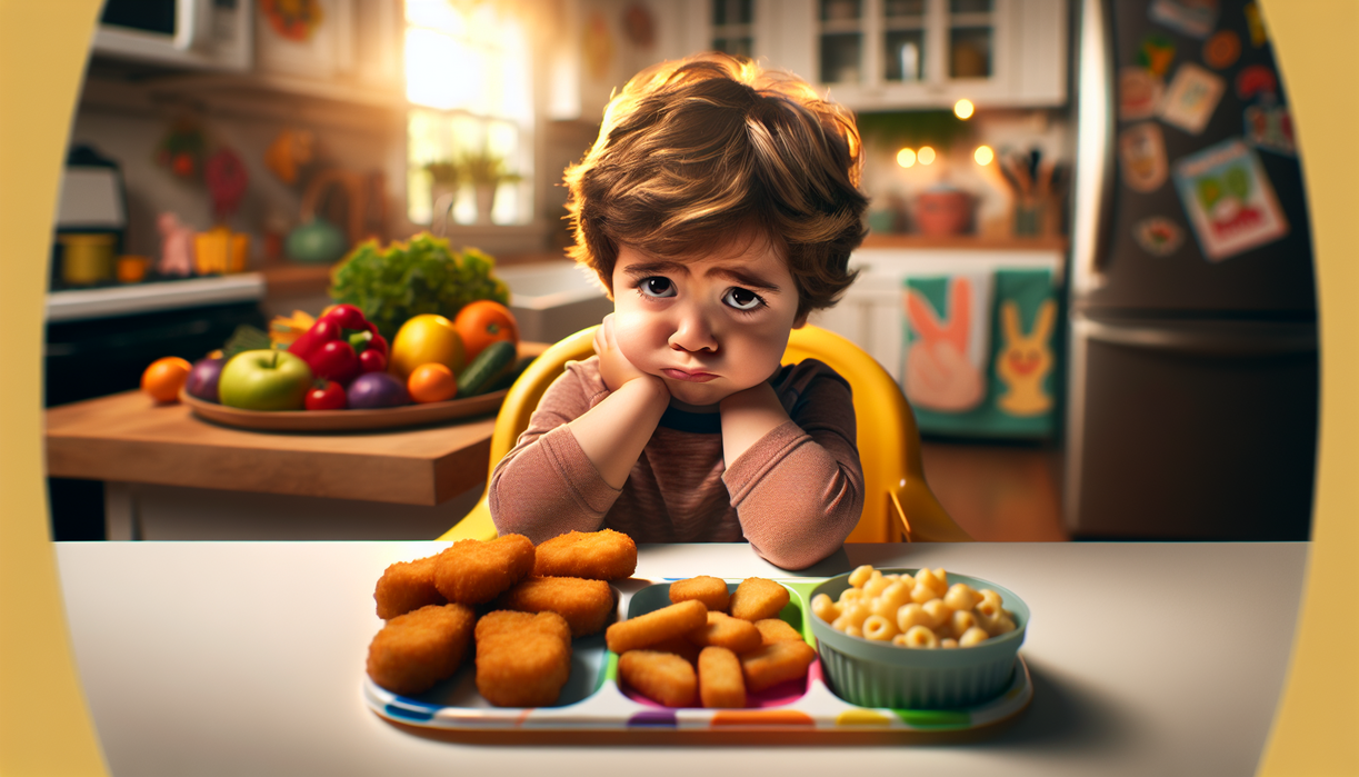 alt_text: A diverse group of children sitting at a table, each reacting differently to various foods.