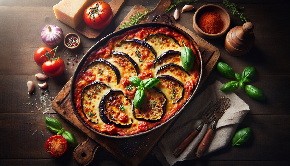 alt_text: Layered aubergine parmigiana topped with melted cheese and fresh basil leaves.