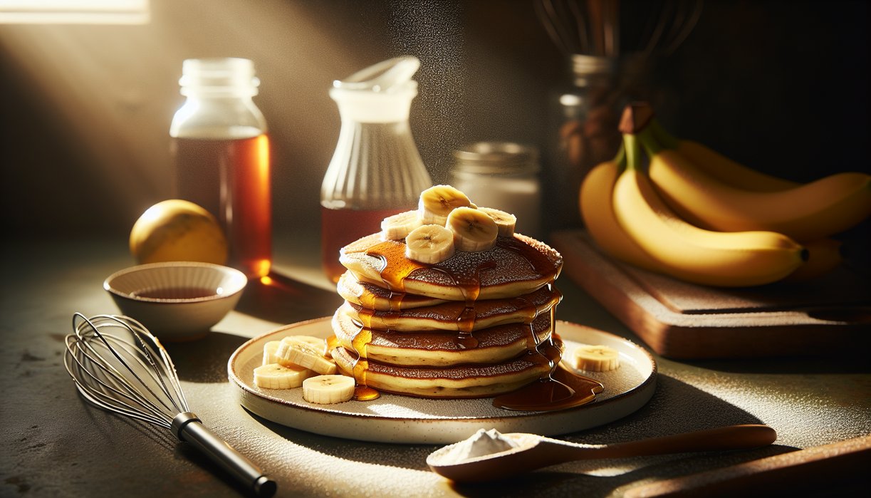 alt_text: Fluffy banana pancakes stacked on a plate, drizzled with syrup and topped with banana slices.