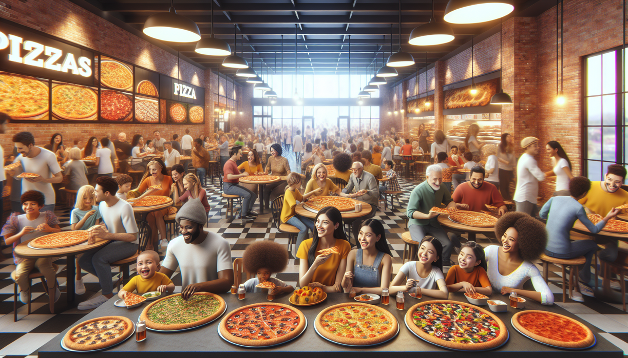 alt_text: "Warner Robins Pizza Plaza, vibrant sign with pizza slice graphic, bustling atmosphere."