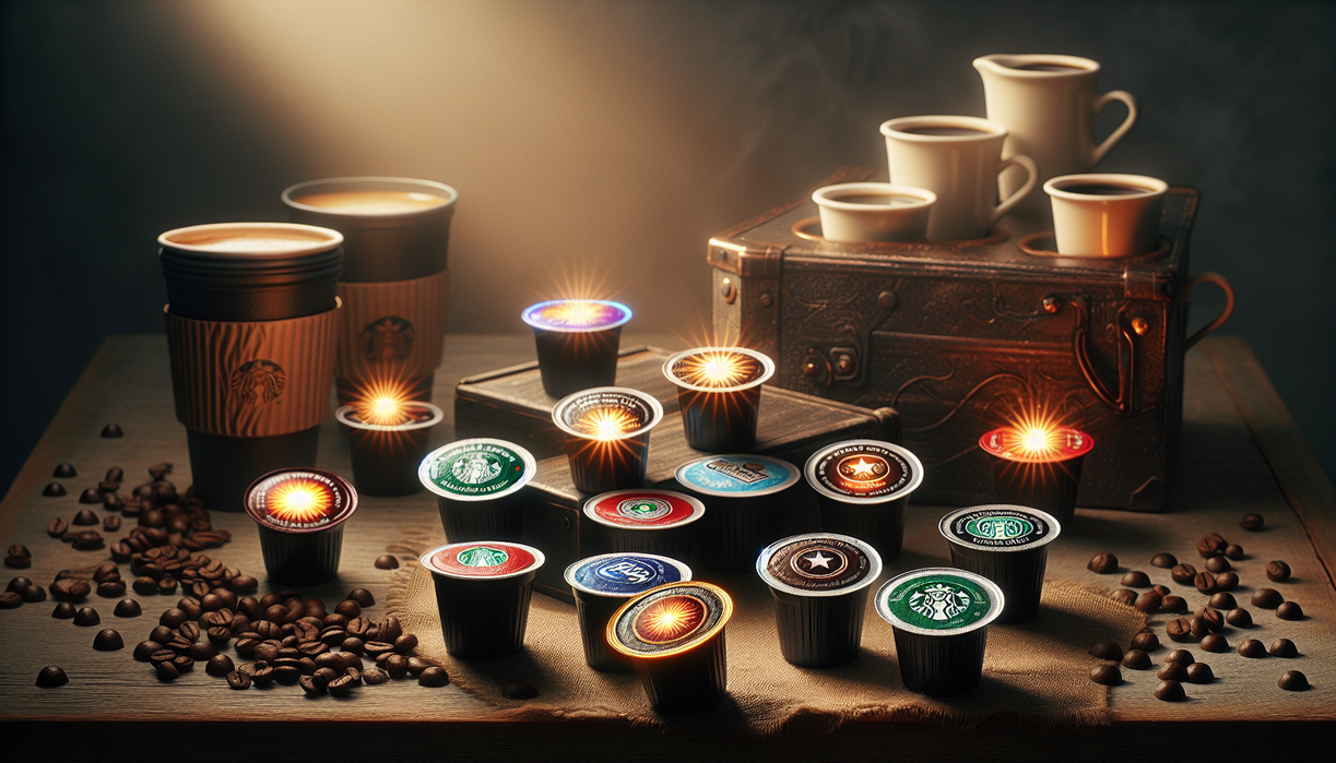 alt_text: A variety of K-Cups arranged around a steaming mug labeled "Content Context."