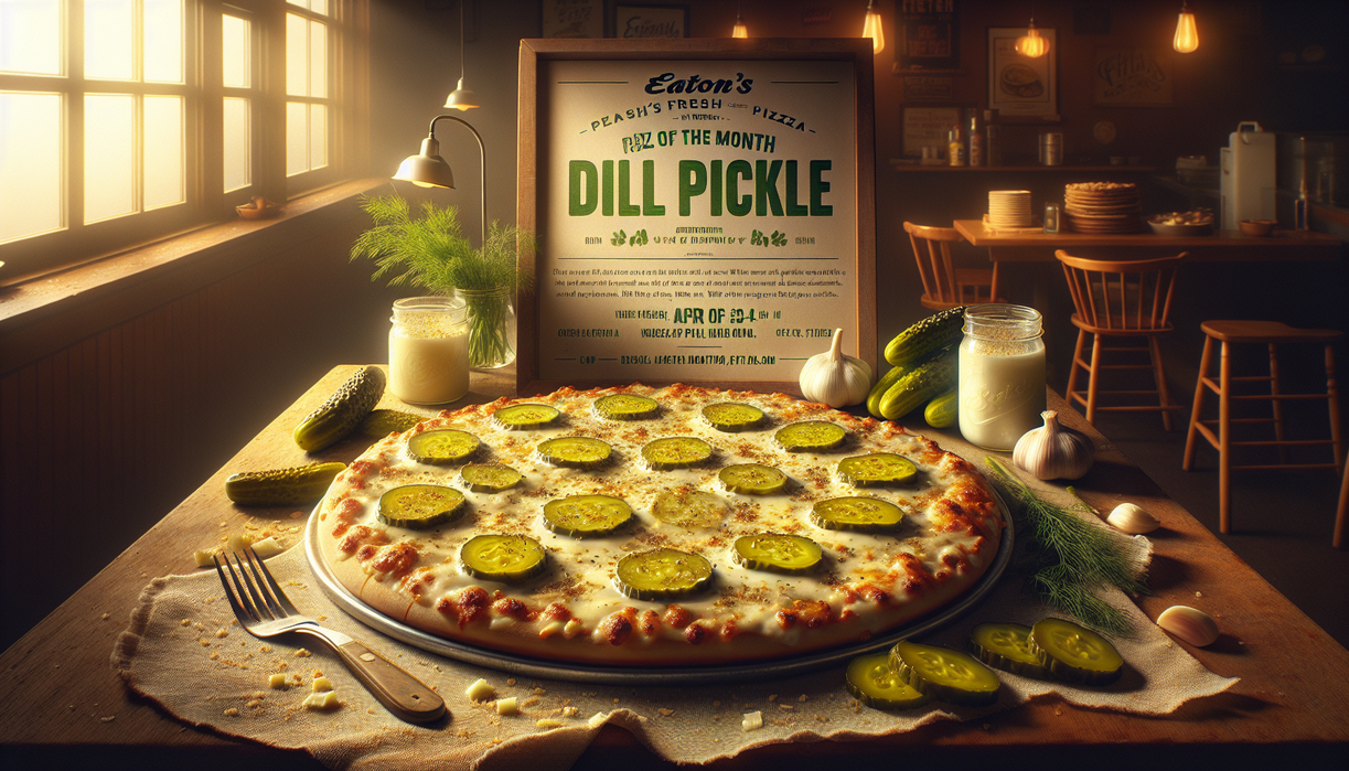 alt_text: Group of people smiling, holding jars of pickles at Eatons Fresh Pizza event.