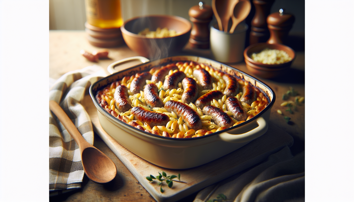 alt_text: A baked dish of orzo pasta mixed with sausages, topped with melted cheese and herbs.