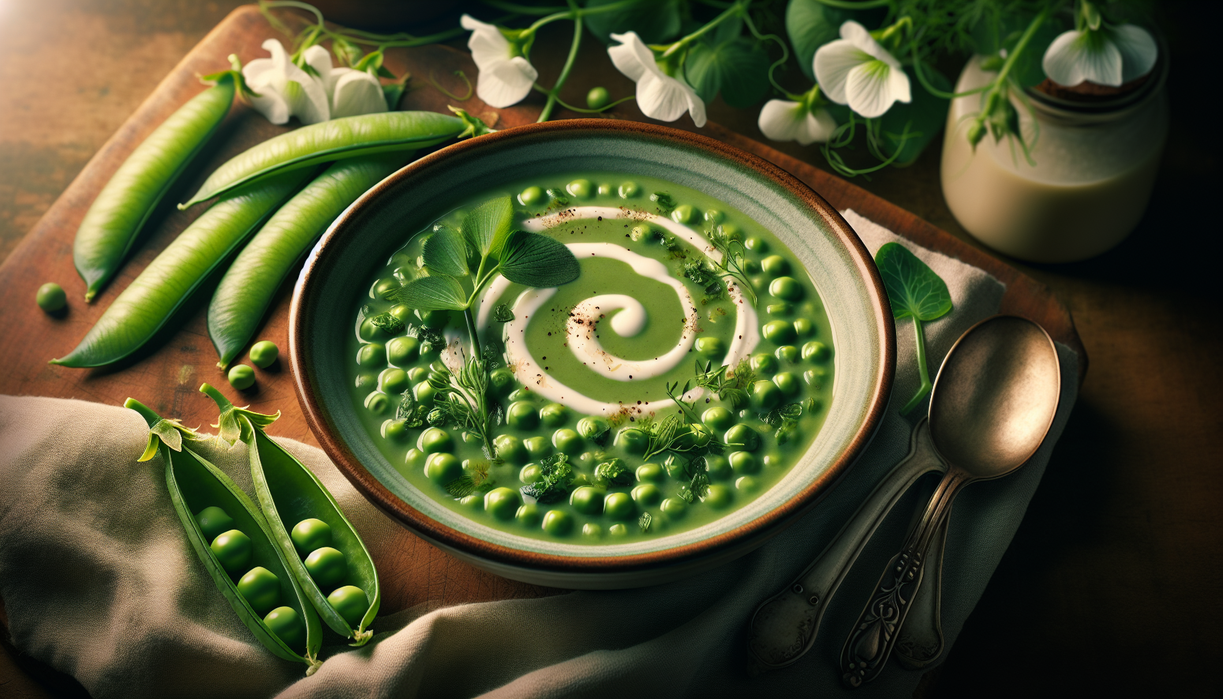 alt_text: Spring pea soup garnished with mint, next to a credit union brochure on a wooden table.