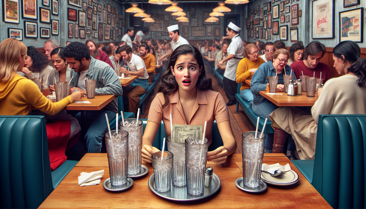 alt_text: Person struggling with a soda fountain labeled "One Refill Only," puzzled expression on face.