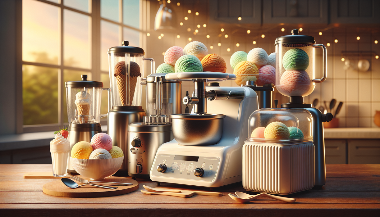 alt_text: Various ice cream makers on a kitchen counter, ready for homemade dessert creation.