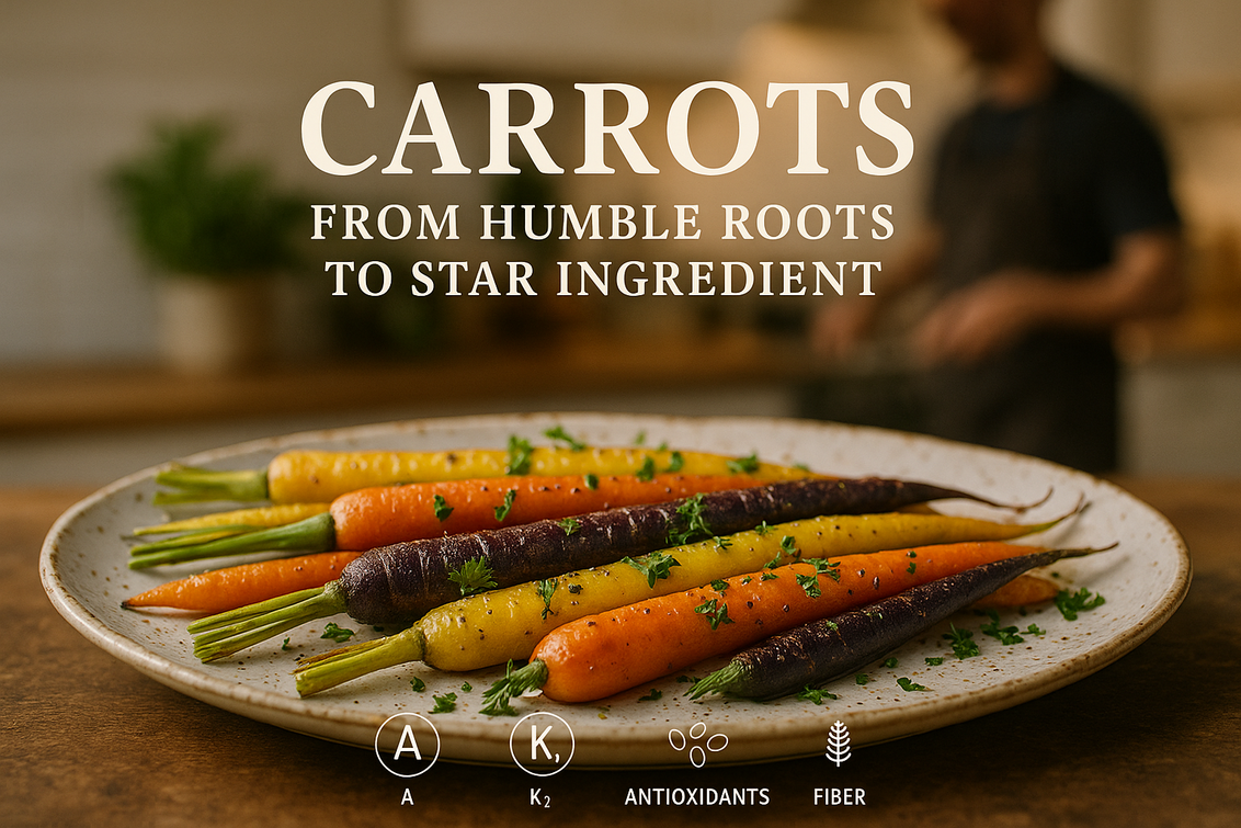 alt_text: A close-up of fresh orange carrots with green tops, showcasing their versatility and appeal.