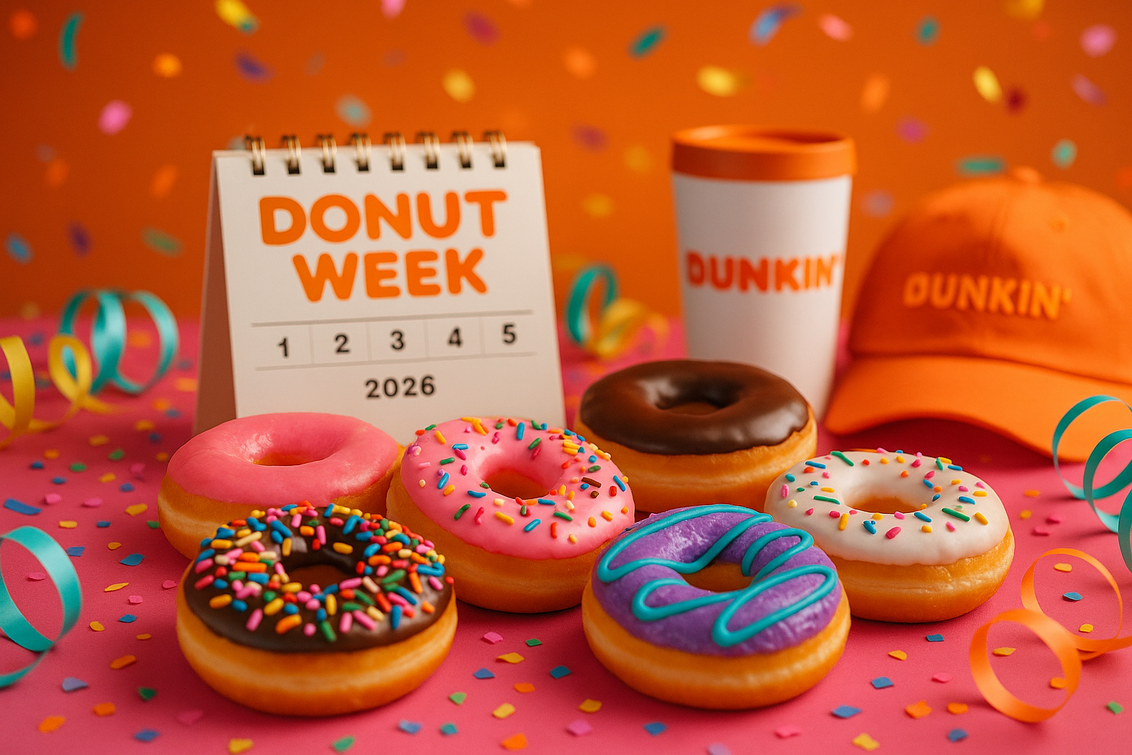 alt_text: A vibrant poster highlighting Dunkin's Donut Week with colorful donuts and playful text.