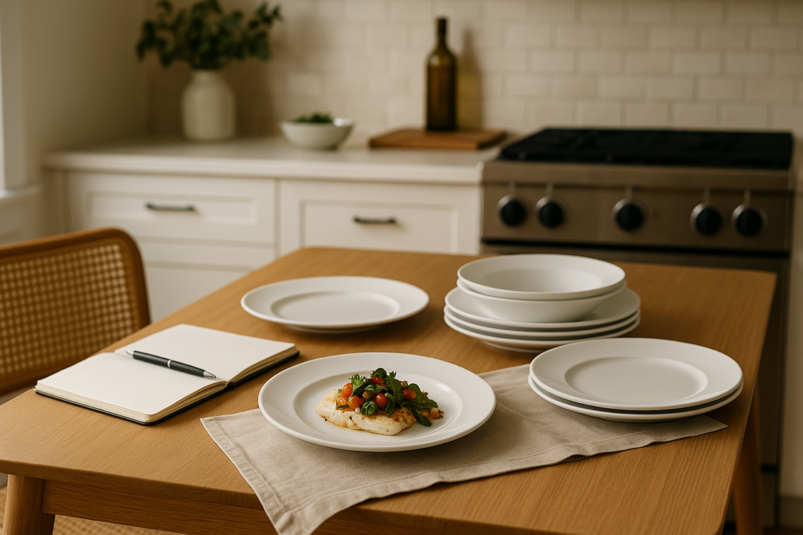 "alt_text": "Crate & Barrel plates with stir design against a backdrop of United States news headlines."