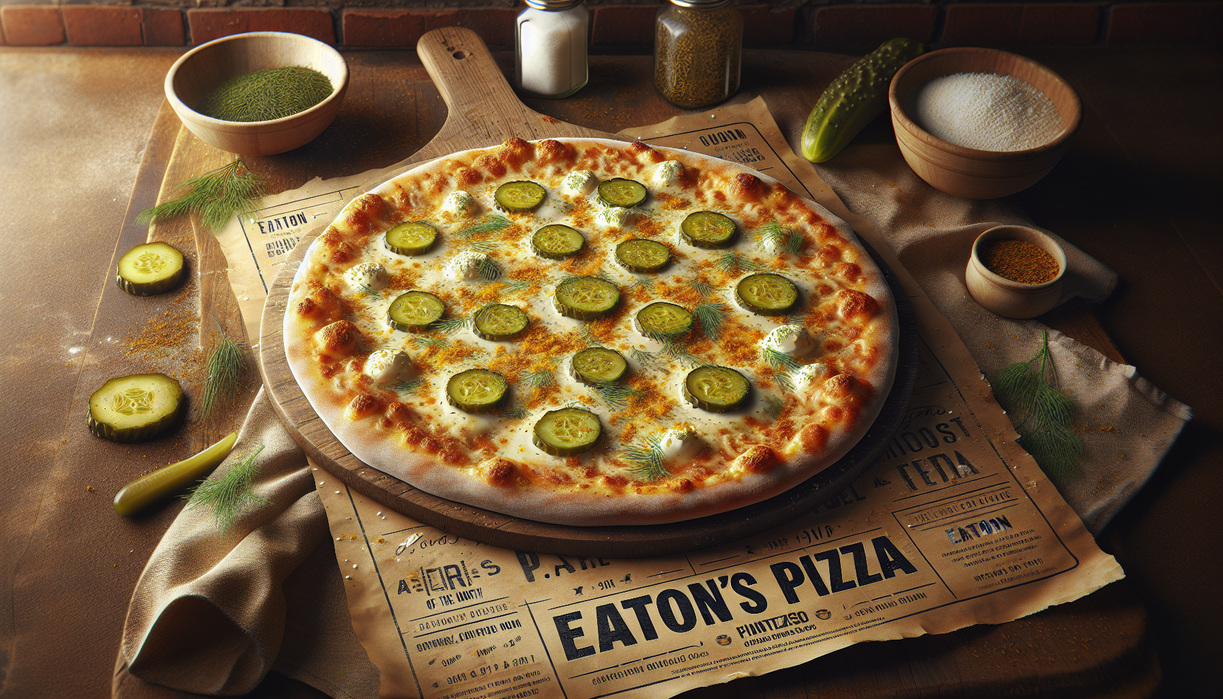 alt_text: A pizza topped with dill pickles, melted cheese, and herbs on a crust from Eatons Fresh Pizza.