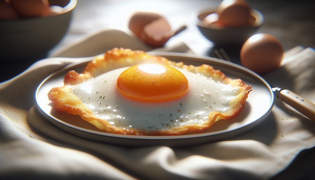 alt_text: Fried eggs topped with harissa, garnished with herbs, on a white plate for a spicy breakfast.