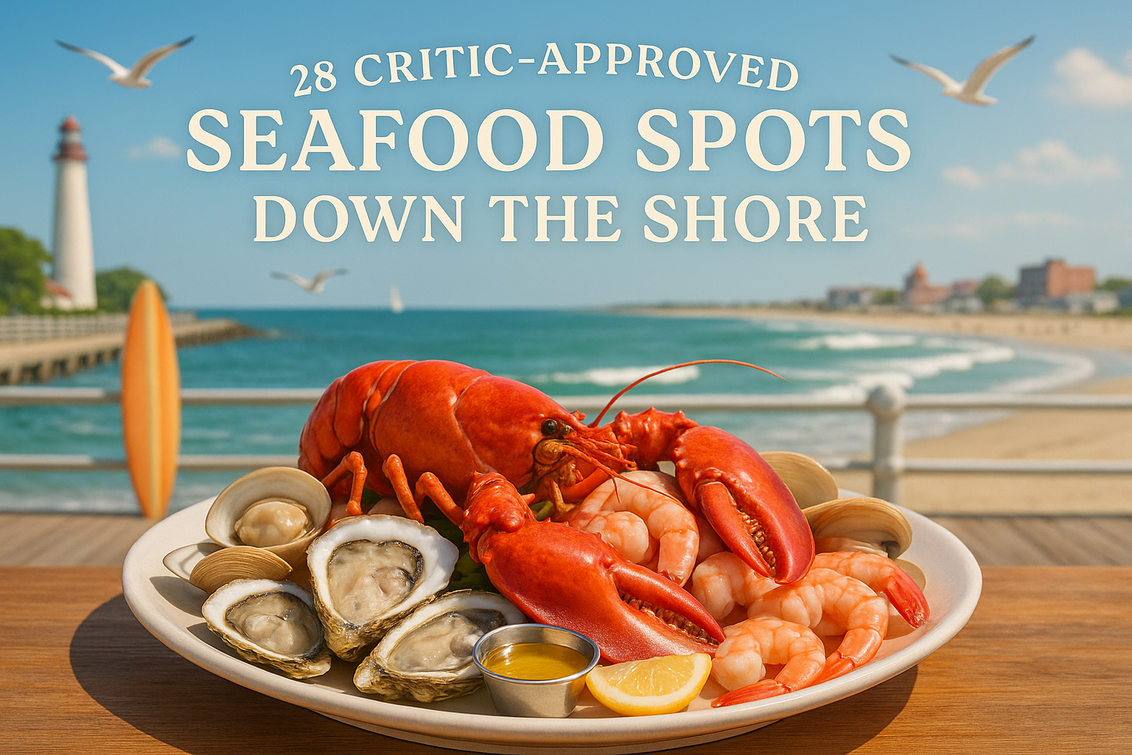 alt_text: People enjoy fresh seafood at a bustling Jersey Shore shack near the ocean.