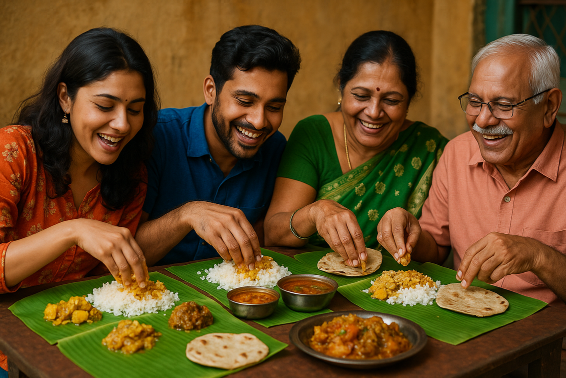 alt_text: People enjoying a traditional Indian meal, using hands to eat various colorful dishes.