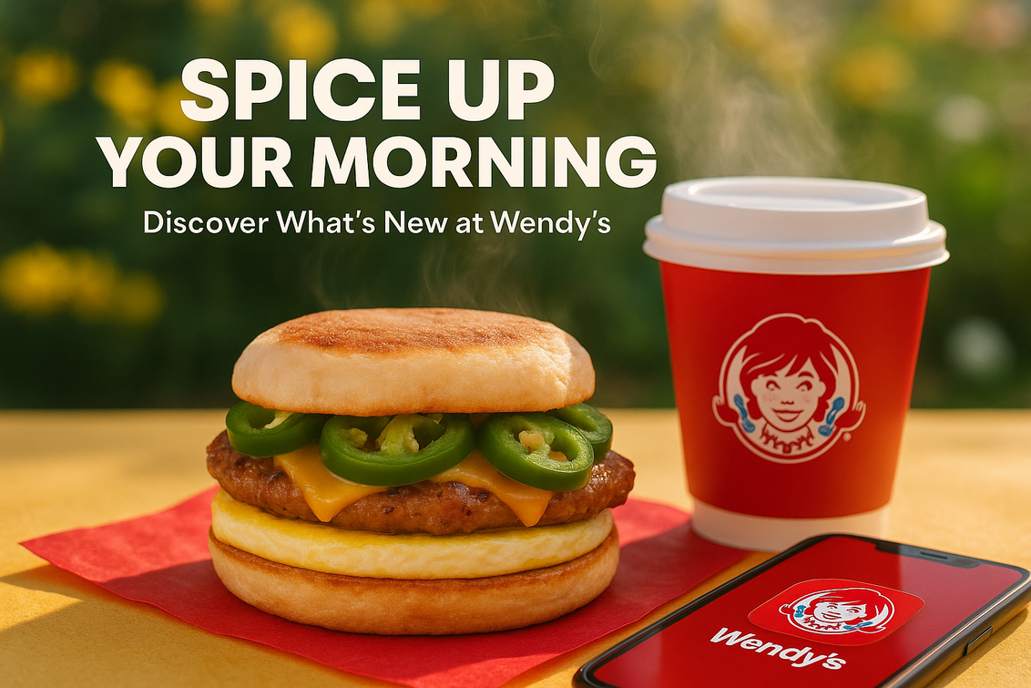 alt_text: Wendy's spicy burger with jalapeños, cheese, and fiery sauce on a fresh bun.