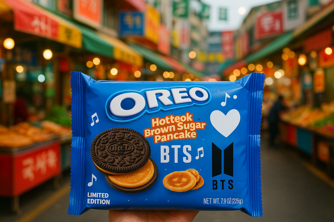 alt_text: BTS poses with Oreo hotteok cookies, showcasing a sweet collaboration moment.