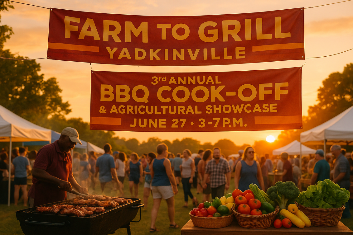 alt_text: Grilling competition in Yadkinville features sizzling meats and eager participants.