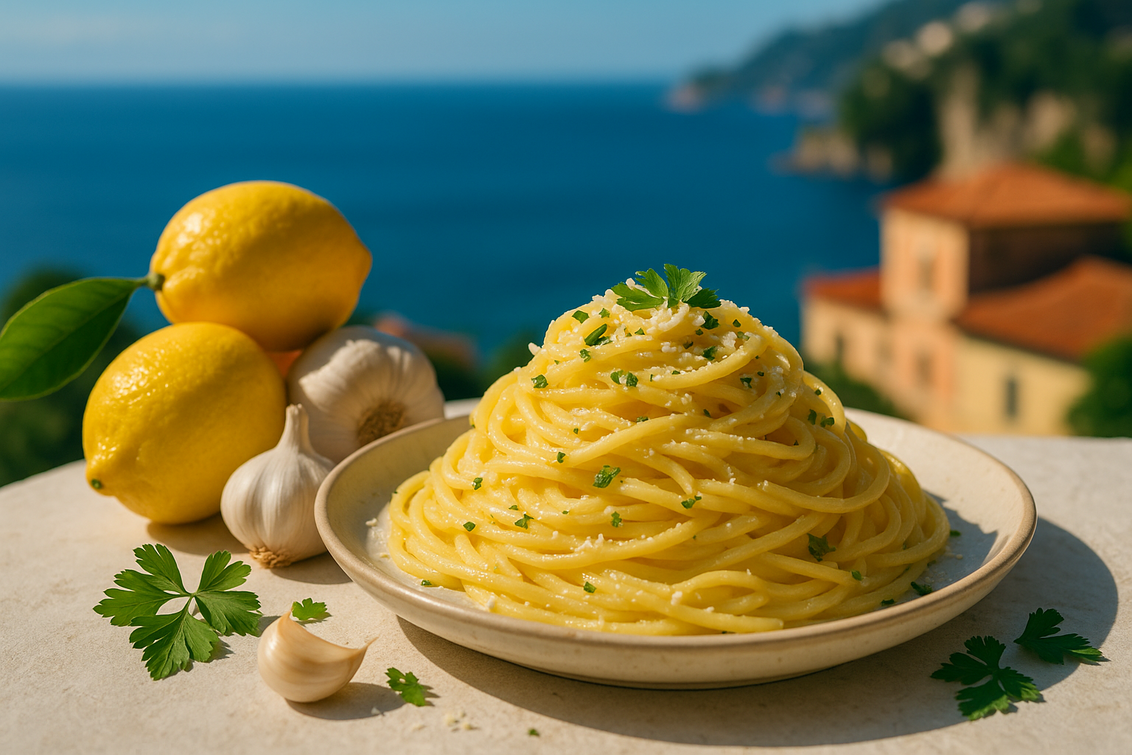 alt_text: A bowl of creamy pasta al limone garnished with lemon zest and fresh herbs.